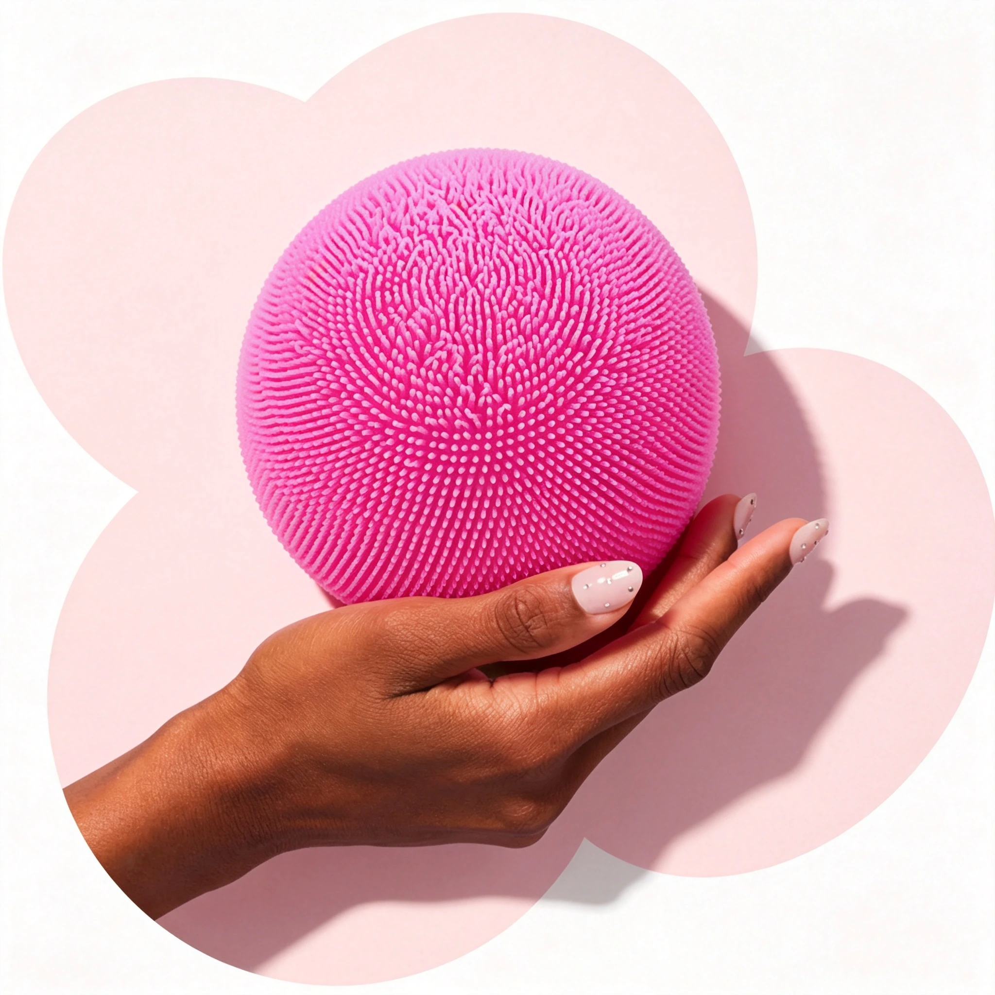Pink fuzzy squeeze ball held in hand