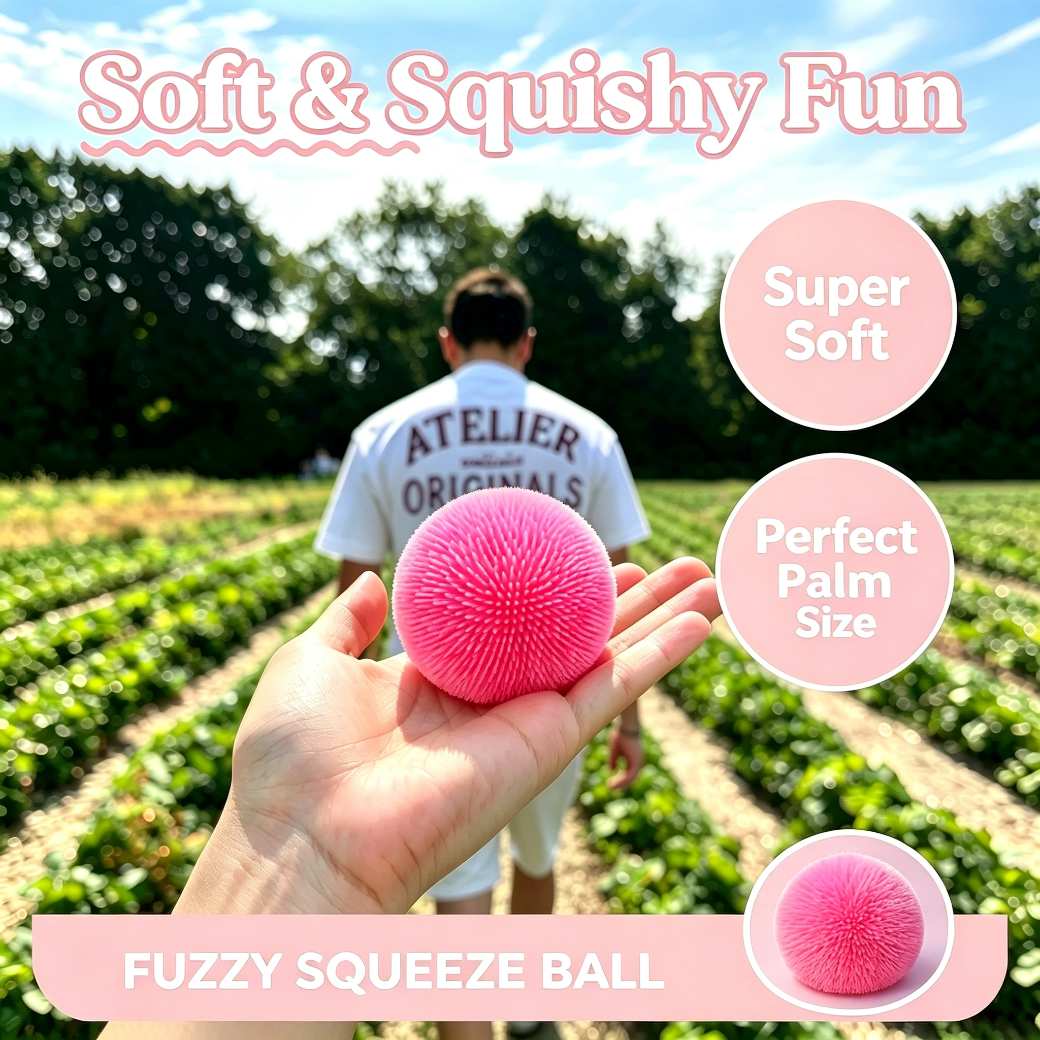 Pink fuzzy squeeze ball lifestyle