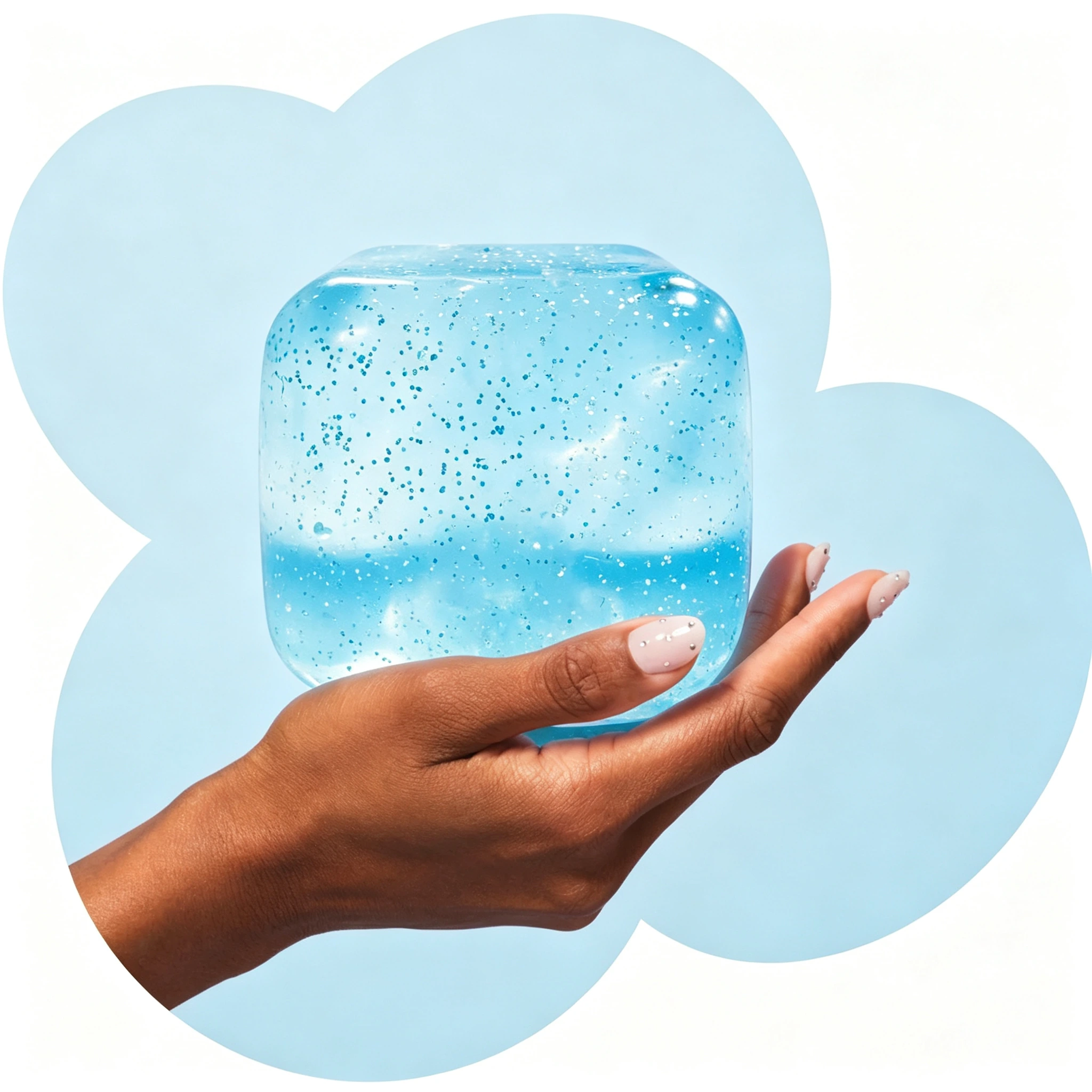 Blue glitter cube held in hand